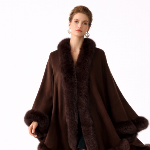 Fox Fur Cashmere Brown Fur Trim Cape